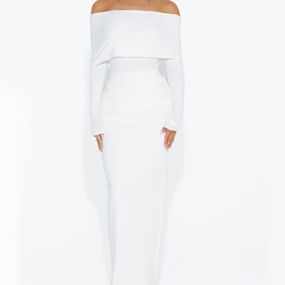 Naked Wardrobe 2 PC White off the Shoulder Top and White Pencil Skirt